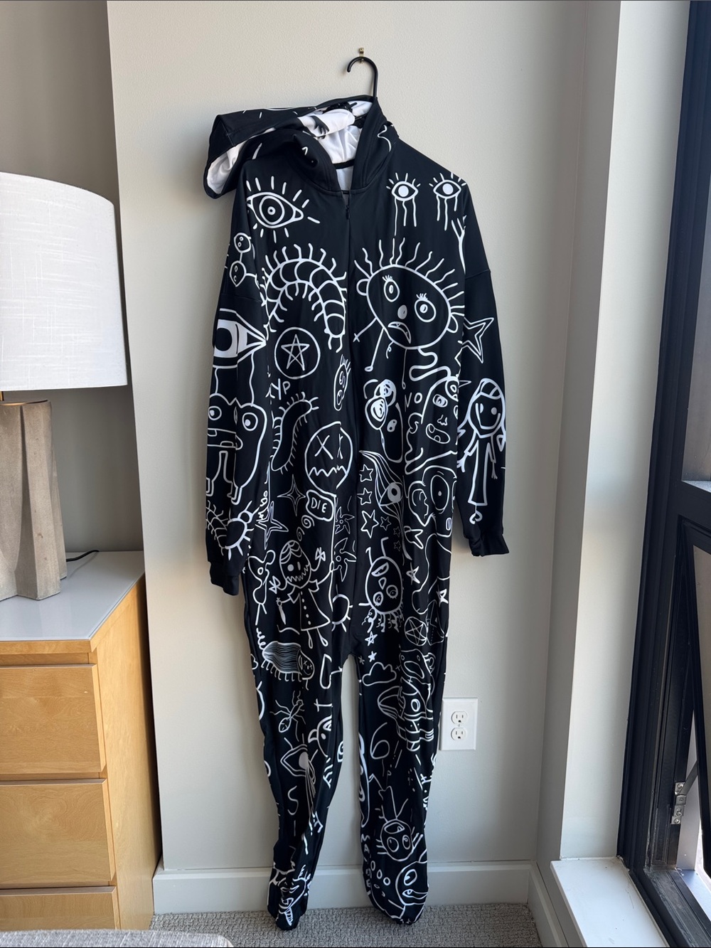 Badinka Ugley Black Hooded Onesie Jumpsuit with White Doodle Print, OS